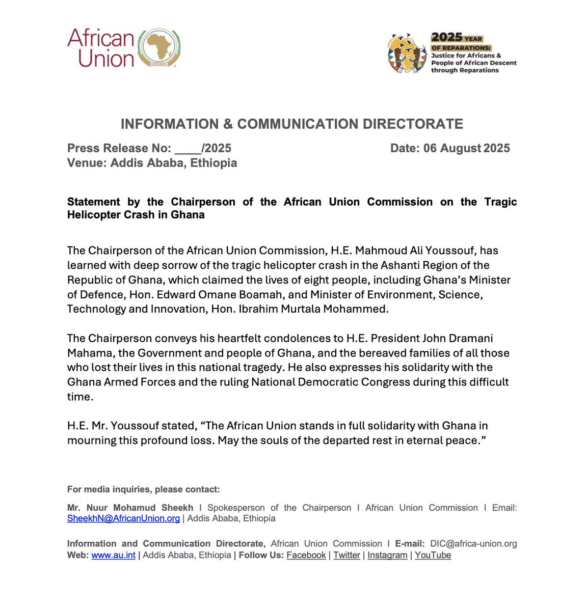 African Union (@_africanunion) on Twitter photo Statement by the Chairperson of the African Union Commission on the Tragic Helicopter Crash in #Ghana.
The Chairperson of the African Union Commission, H.E. Mahmoud Ali Youssouf <a href="/ymahmoudali/">Mahmoud Ali youssouf</a> , has learned with deep sorrow of the tragic helicopter crash in the Ashanti Region of Statement by the Chairperson of the African Union Commission on the Tragic Helicopter Crash in #Ghana.
The Chairperson of the African Union Commission, H.E. Mahmoud Ali Youssouf <a href="/ymahmoudali/">Mahmoud Ali youssouf</a> , has learned with deep sorrow of the tragic helicopter crash in the Ashanti Region of