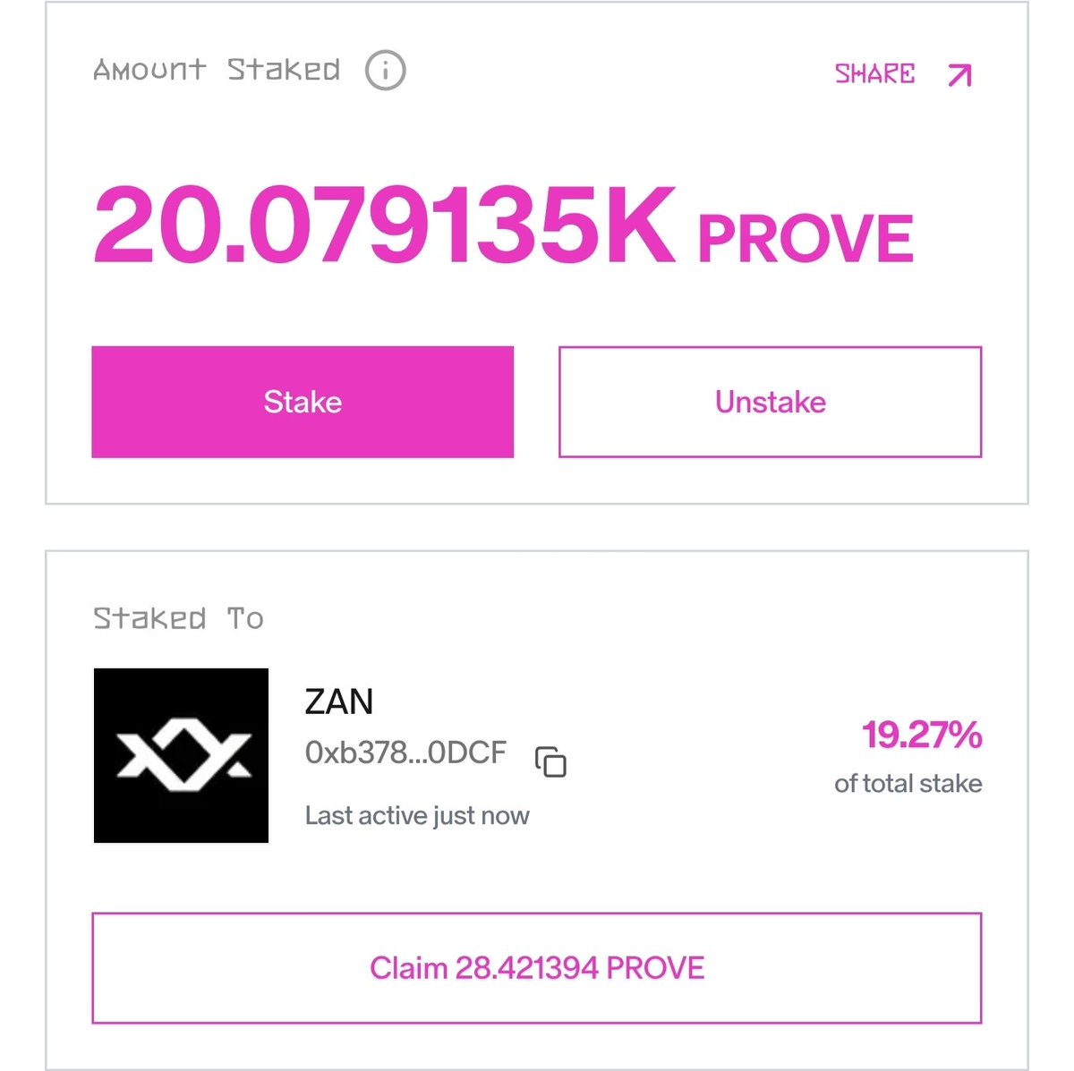 Day 1 Of Staking on the <a href="/SuccinctLabs/">Succinct</a> Prover Network.
~28 $PROVE achieved internally as staking rewards ($30+ currently)

Why are you not staking 🔥🔥🔥
<a href="/0xCRASHOUT/">crashout ⚙️🪽</a> <a href="/SuccinctLabs/">Succinct</a>