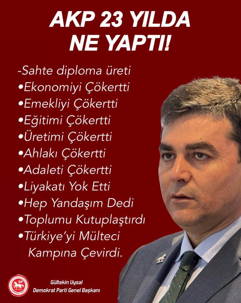 TÜRKİYE KUŞU (@turrkiyekusu) on Twitter photo AKP 23 YILDA NE YAPTI!
.Sahte diploma üreti
•Ekonomiyi Çökertti
•Emekliyi Çökertti
•Eğitimi Çökertti
•Üretimi Çökertti
•Ahlakı Çökertti
•Adaleti Çökertti
•Liyakatı Yok Etti
•Hep Yandaşım Dedi
•Toplumu Kutuplaştırdı
•Türkiye’yi Mülteci Kampına Çevirdi
<a href="/DpGultekinUysal/">Gültekin Uysal</a> AKP 23 YILDA NE YAPTI!
.Sahte diploma üreti
•Ekonomiyi Çökertti
•Emekliyi Çökertti
•Eğitimi Çökertti
•Üretimi Çökertti
•Ahlakı Çökertti
•Adaleti Çökertti
•Liyakatı Yok Etti
•Hep Yandaşım Dedi
•Toplumu Kutuplaştırdı
•Türkiye’yi Mülteci Kampına Çevirdi
<a href="/DpGultekinUysal/">Gültekin Uysal</a>