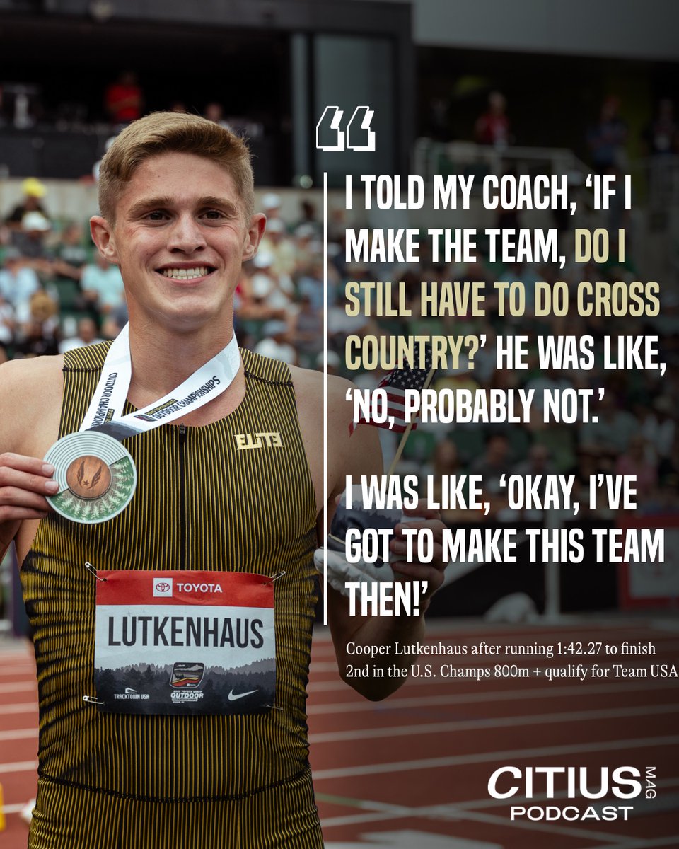 CitiusMag's tweet photo. 🗣️ “With about 120 to go coming off the curve, I saw everybody right there. I was like, ‘I feel amazing!’ The crowd all stood up and it was super electric. I was like, ‘I have a shot now.’”

Cooper Lutkenhaus, the 16-year-old phenom from Texas, just placed second in the men's 800m at the U.S Championships in 1:42.27 — a U18 world record, a three second personal best, and the fourth fastest time ever run by an American.

He was in 7th place with 150m to go. He stayed calm, executed his race plan, and closed in a blistering 12.48 seconds over the final 100m, surging into second and nearly catching Donavan Brazier at the finish line.

🎧 Cooper joined the CITIUS MAG Podcast to break down his performance, share about his progression in the sport, dive into his training, and lots more.

▶️ SPOTIFY: https://t.co/DqdC3fLaIv

▶️ APPLE: https://t.co/ljTnIC9W3M

▶️ YOUTUBE: https://t.co/FqhIomypMV