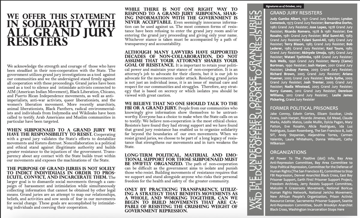 600cm3's tweet image. with a grand jury being convened to indict principled anti-imperialist elias rodriguez, it's important that we study the history of grand jury resistance and principled non-collaboration with amerikkkan courts. see this statement from many former political prisoners and POWs: