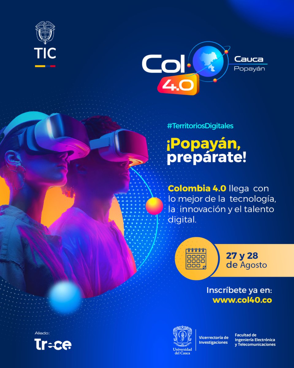 #ConSelloUnicaucano | ¿Que una revolución tecnológica está en marcha? 🤔Con Colombia 4.0 - Territorios Digitales, ¡creemos que sí! Y en esta oportunidad, Unicauca será sede de este evento  los días 27 y 28 de agosto.
Regístrate en colombia40.co ¡Es completamente gratis!