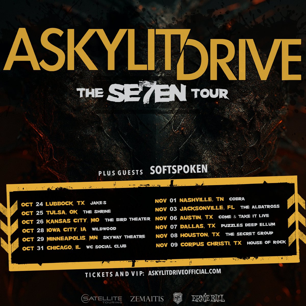 Softspoken (@softspokenband) on Twitter photo Catch us on the road this October/November supporting <a href="/ASkylitDrive/">A Skylit Drive</a> on The SE7EN Tour!
10/24 - Lubbock, TX @ Jake's
10/25 - Tulsa, OH @ The Shrine
10/26 - Kansas City, MO @ The Bird Theater
10/28 - Iowa City, IA @ Wildwood
10/29 - Minneapolis, MN @ Skyway Theater
10/31 - Catch us on the road this October/November supporting <a href="/ASkylitDrive/">A Skylit Drive</a> on The SE7EN Tour!
10/24 - Lubbock, TX @ Jake's
10/25 - Tulsa, OH @ The Shrine
10/26 - Kansas City, MO @ The Bird Theater
10/28 - Iowa City, IA @ Wildwood
10/29 - Minneapolis, MN @ Skyway Theater
10/31 -