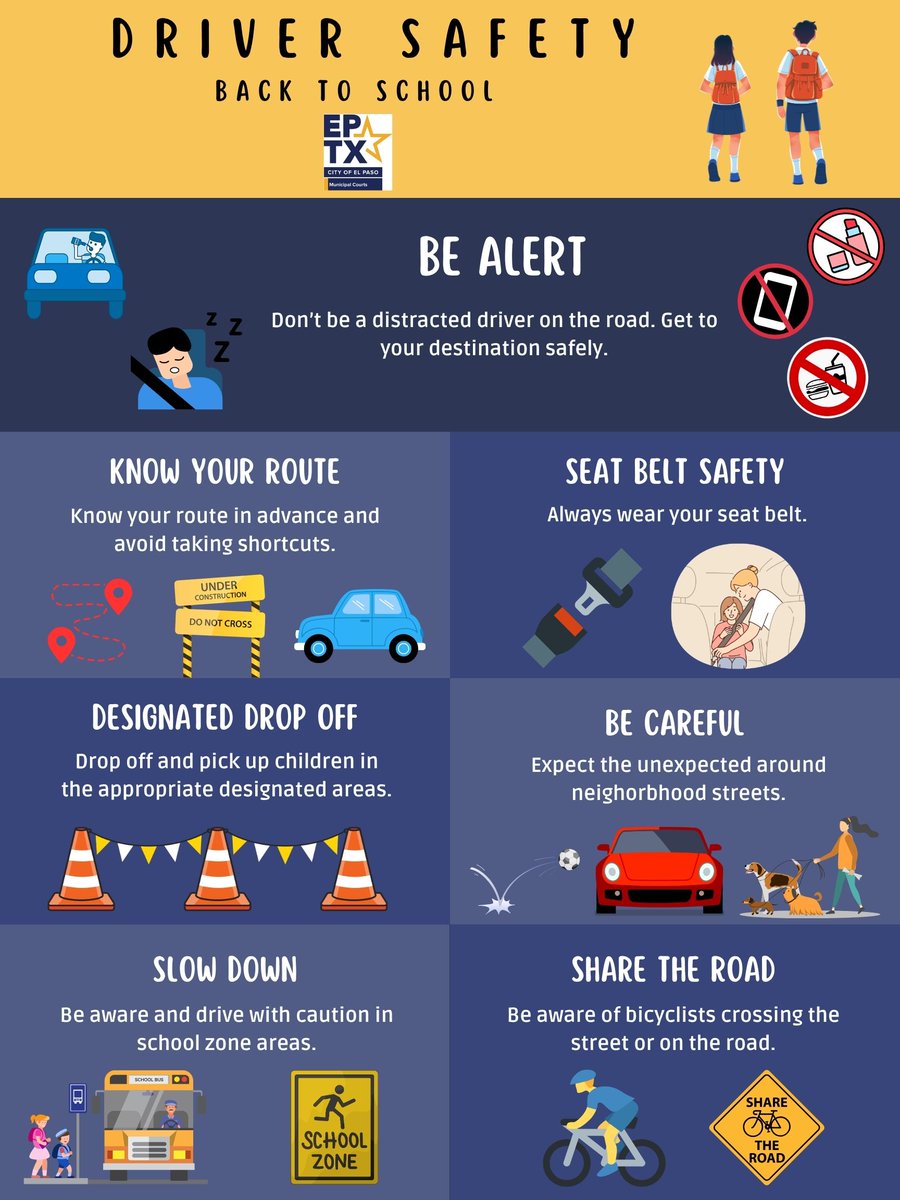 El Paso Municipal Court urges drivers to join in protecting all pedestrians, cyclists, and drivers.  Let’s make El Paso roads safer this school season! Please share these tips and drive with care.  #elpasomunicipalcourt