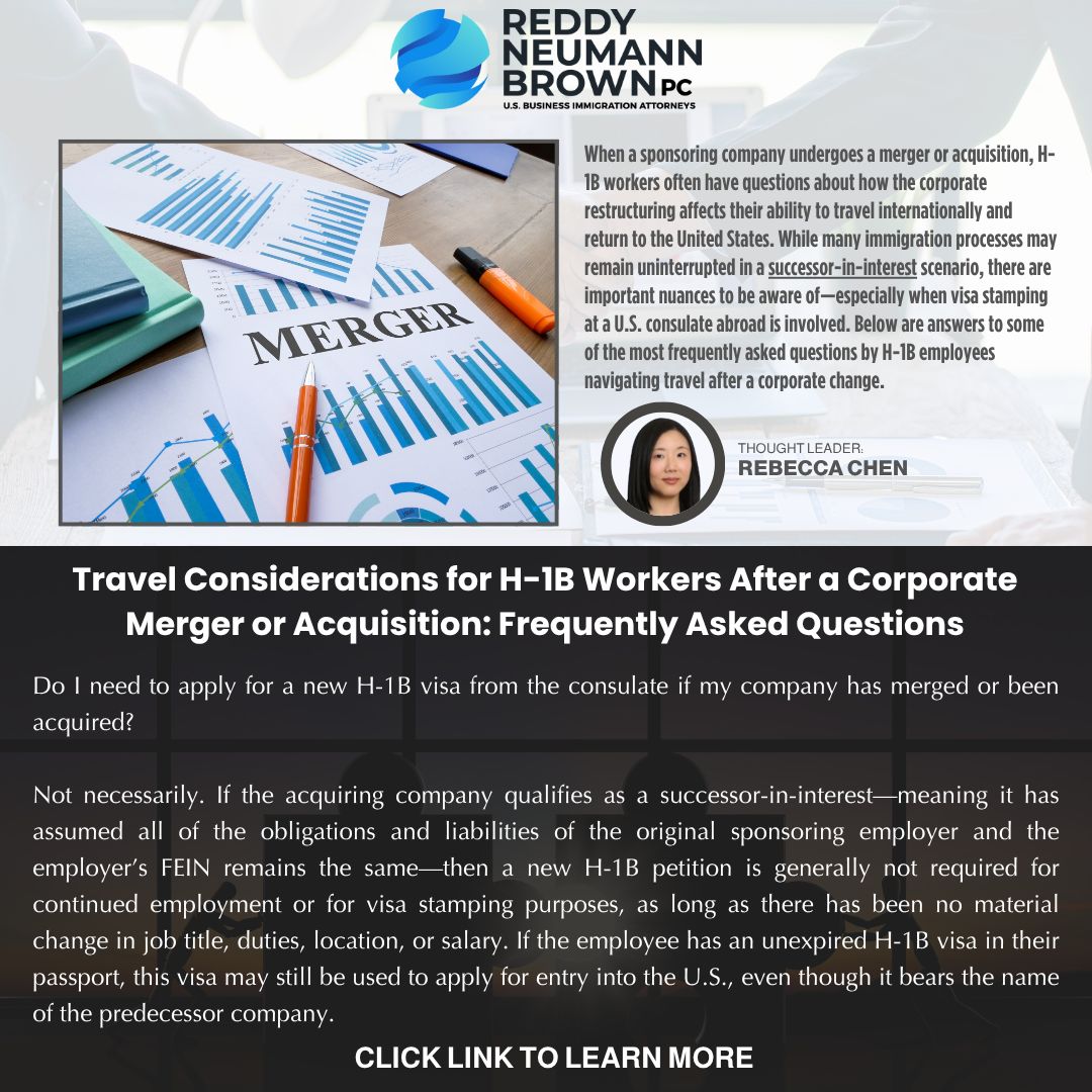 H‑1B Travel After a Company Merger or Acquisition: What You Need to Know ✈️
If your sponsoring employer has merged with or been acquired by another company, your international travel plans might be affected—especially if you need visa stamping.

✅ Good news: If the new company