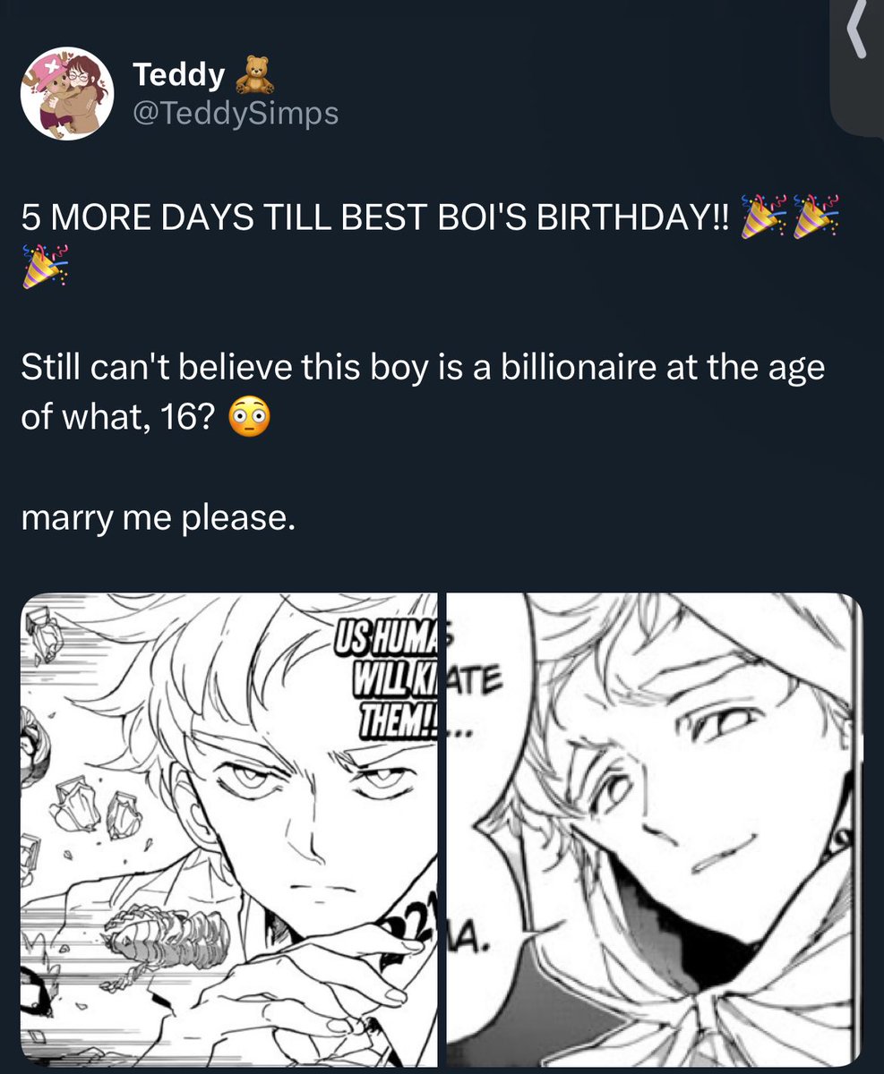 crazy how she acknowledges Norman is 16 and says she wants to marry him at the same time (she’s 22)  

(also she was just made a admin for a TPN account with 40k followers <a href="/TPNManga/">The Promised Neverland</a> WHYS THIS FANDOM FULL OF PEDOS)