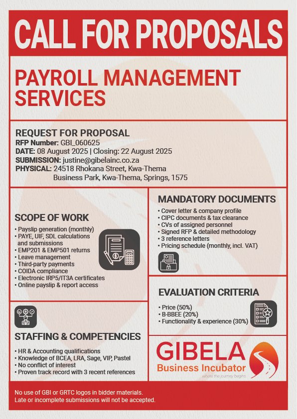 BusinessGibela's tweet image. Are you a payroll expert? Gibela Business Incubator has issued an RFP for Payroll Management Services. We&apos;re looking for firms with a proven track record.

Don&apos;t miss out! Proposals are due by 22 August 2025.

#PayrollServices #RequestForProposal #GibelaIncubator #HR