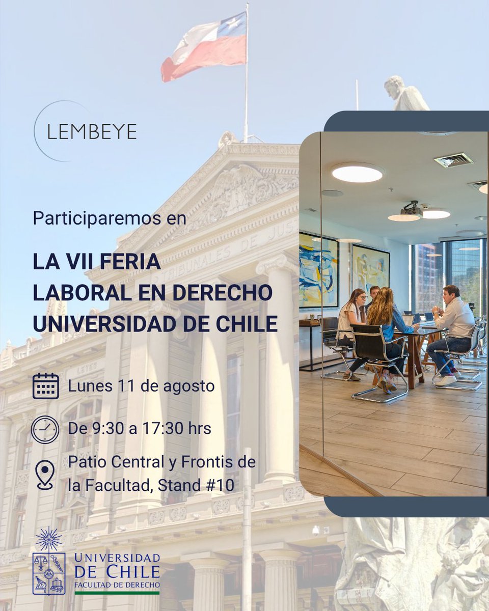 Lembeye Abogados (@lembeye_cl) on Twitter photo ¡Nos vemos en la Feria Laboral 2025 de <a href="/derechouchile/">Facultad de Derecho</a>!
Este lunes 11 de agosto, participaremos en esta feria que conecta a estudiantes y egresados con instituciones del sector público y privado. Estaremos presentes de 9:30 a 17:30 hrs., en el stand # 10.
¡Te esperamos! ¡Nos vemos en la Feria Laboral 2025 de <a href="/derechouchile/">Facultad de Derecho</a>!
Este lunes 11 de agosto, participaremos en esta feria que conecta a estudiantes y egresados con instituciones del sector público y privado. Estaremos presentes de 9:30 a 17:30 hrs., en el stand # 10.
¡Te esperamos!