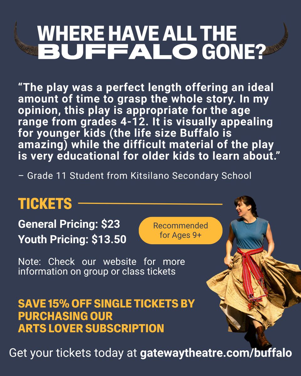 Gateway Theatre (@gatewaythtr) on Twitter photo Where have all the buffalo gone? 🦬
<a href="/AxisTheatreCo/">Axis Theatre Company</a> weaves together a moving tale with true historical events and a life-like buffalo puppet for young audiences!
👪From February 16-21, join us at Gateway to watch a beautiful story. Get your tickets at gatewaytheatre.com/buffalo🔗 Where have all the buffalo gone? 🦬
<a href="/AxisTheatreCo/">Axis Theatre Company</a> weaves together a moving tale with true historical events and a life-like buffalo puppet for young audiences!
👪From February 16-21, join us at Gateway to watch a beautiful story. Get your tickets at gatewaytheatre.com/buffalo🔗