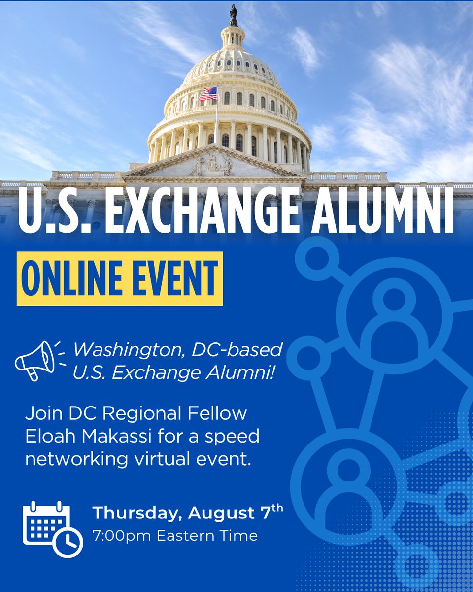 Calling all Washington, DC-area U.S. #ExchangeAlumni: Join Fellow Eloah Makassi online for a speed networking event tomorrow (Thursday, August 7, at 7pm ET). Register: docs.google.com/forms/d/e/1FAI…