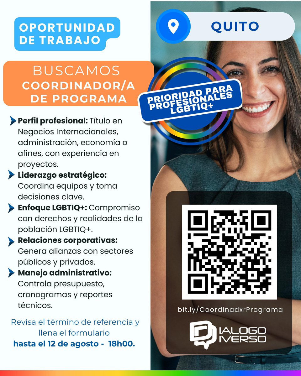 #Quito Buscamos Coordinador/a de Programa
¿Quieres ser parte de un equipo que impulsa proyectos con impacto social?
Estamos en búsqueda de una persona comprometida para liderar, planificar y ejecutar programas clave.

Revisa los términos de referencia aquí:
👉