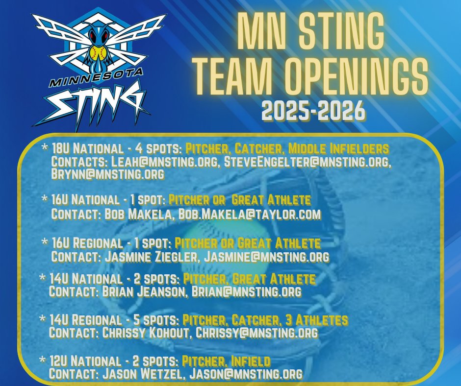 We've only got a few spots left to fill! Please reach out to the coaches regarding these spots. We are planning an open tryout on Sunday (details forthcoming) or arrange a tryout directly with the coach.
