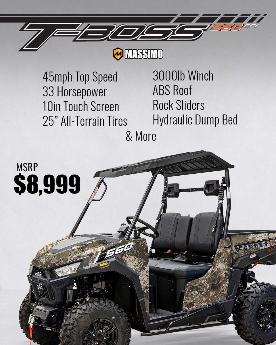 The Utility You Need. The Price You Want.

Our new T-Boss 560 Base is work-ready and wallet-friendly. Find your local dealer or retailer at MassimoMotor.com

#utv #offroad #4x4 #ranchlife #ATV #sxs