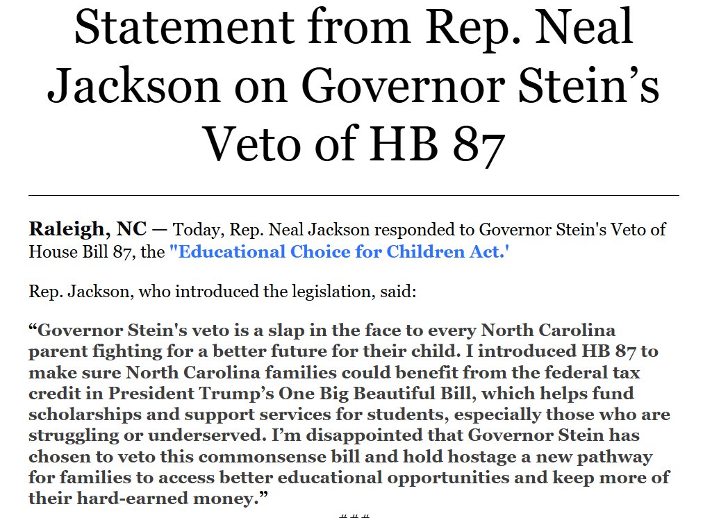 A statement on the veto of the school choice bill from <a href="/RepNealJackson/">Rep. Neal Jackson</a>, who introduced the legislation.