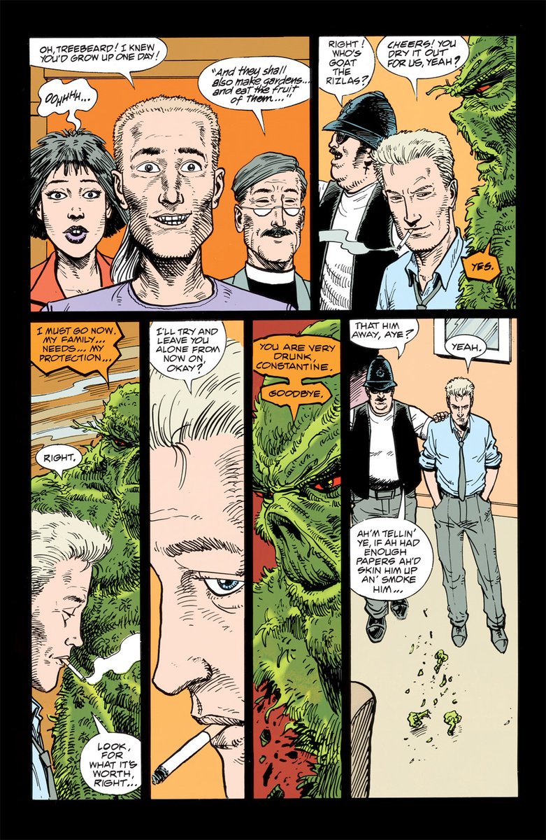 In Hellblazer #63 (1993), Swamp Thing shows up at John Constantine's apartment, demanding an explanation for a letter he received. 

Upon realising it's John's birthday party, ST decides to make amends for his negativity by turning a small marijuana plant into a voluminous bush.