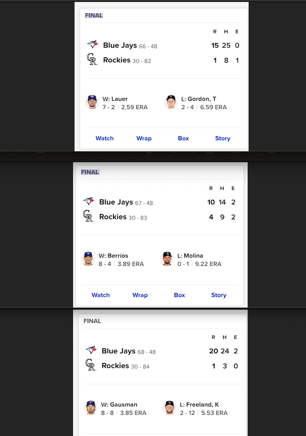 Jonathan Kay (@jonkay) on Twitter photo How bad are <a href="/Rockies/">Colorado Rockies</a> pitchers? The <a href="/BlueJays/">Toronto Blue Jays</a> just swept a three-game series, and scored 45 runs on 63 hits. How bad are <a href="/Rockies/">Colorado Rockies</a> pitchers? The <a href="/BlueJays/">Toronto Blue Jays</a> just swept a three-game series, and scored 45 runs on 63 hits.