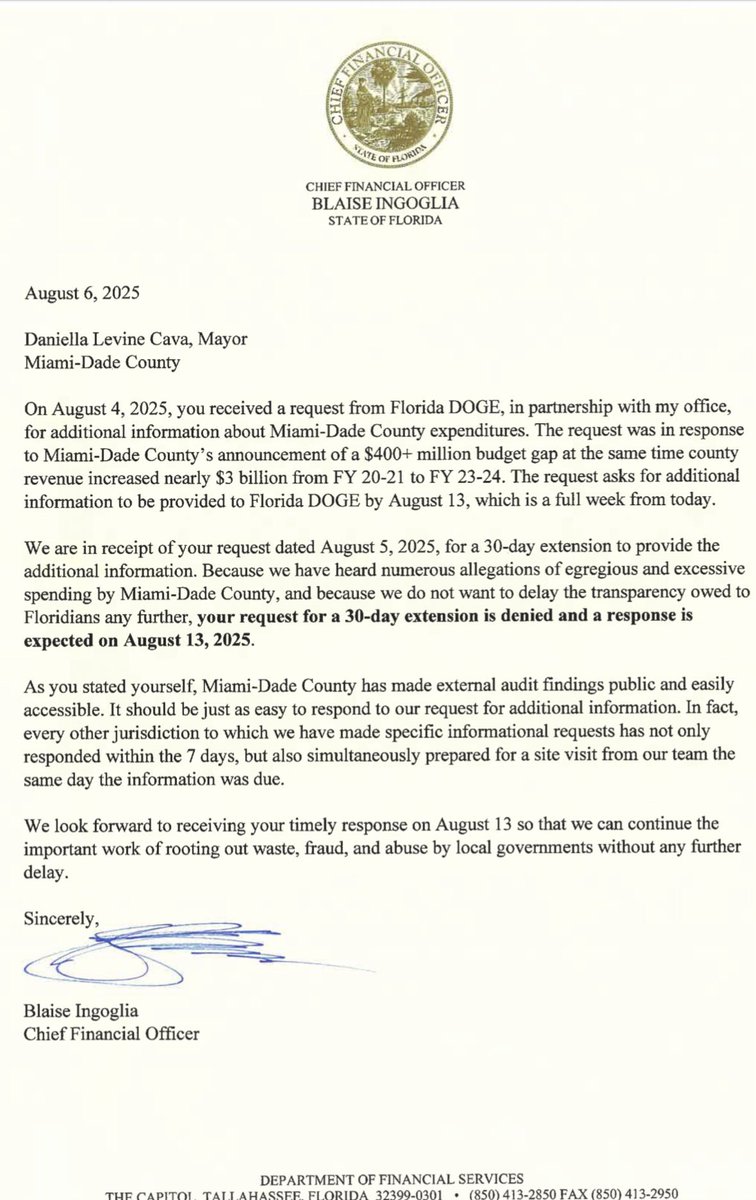 Blaise Ingoglia (@govgonewild) on Twitter photo Today, I sent a letter to <a href="/MayorDaniella/">Daniella Levine Cava</a> rejecting her request for a 30 day extension to comply with <a href="/DOGEFla/">Florida DOGE</a>’s request for information.
Other governments have complied on time. There is ZERO reason Miami-Dade can’t do the same.
After hearing numerous allegations of egregious Today, I sent a letter to <a href="/MayorDaniella/">Daniella Levine Cava</a> rejecting her request for a 30 day extension to comply with <a href="/DOGEFla/">Florida DOGE</a>’s request for information.
Other governments have complied on time. There is ZERO reason Miami-Dade can’t do the same.
After hearing numerous allegations of egregious