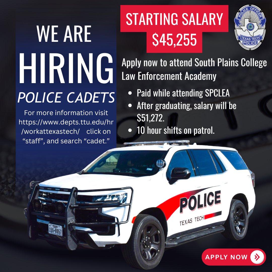 The Texas Tech Police Department is seeking individual's interested in law enforcement. You will be paid to attend the academy and upon graduation will start the field training program at TTPD.  Please follow the link below to apply: 

sjobs.brassring.com/TGnewUI/Search…
