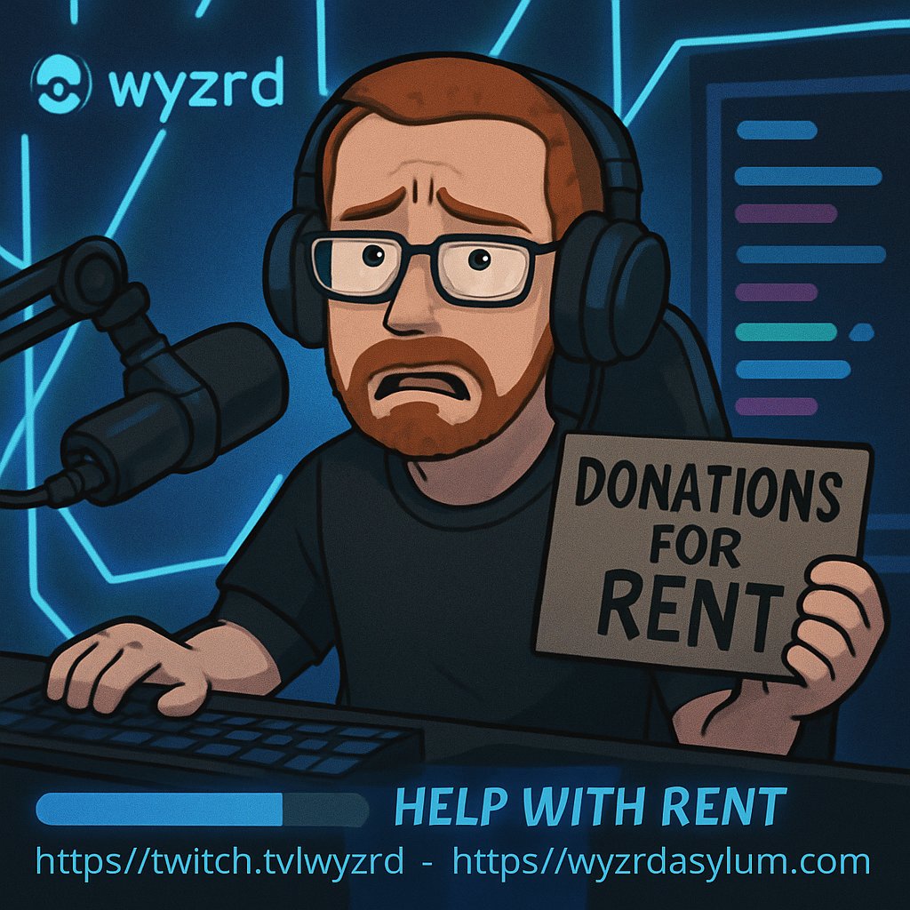 Wyzrd's tweet image. It’s hard out here for a streamer tryna get rent money! 🏠💸 Every dono &amp;amp; merch buy keeps the Asylum alive. 💙 twitch.tv/wyzrd 💙 wyzrdsasylum.com #SupportSmallStreamers #WyzrdsAsylum #HelpWithRent
