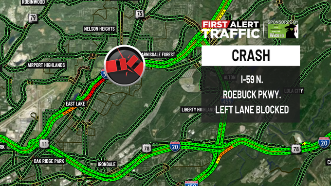 WBRC 6 Traffic (@wbrctraffic) on Twitter photo First Alert:
There is a crash on I-59 N. at Roebuck Pkwy. blocking the left lane. <a href="/WBRCnews/">WBRC 6 News</a> #wbrctraffic First Alert:
There is a crash on I-59 N. at Roebuck Pkwy. blocking the left lane. <a href="/WBRCnews/">WBRC 6 News</a> #wbrctraffic