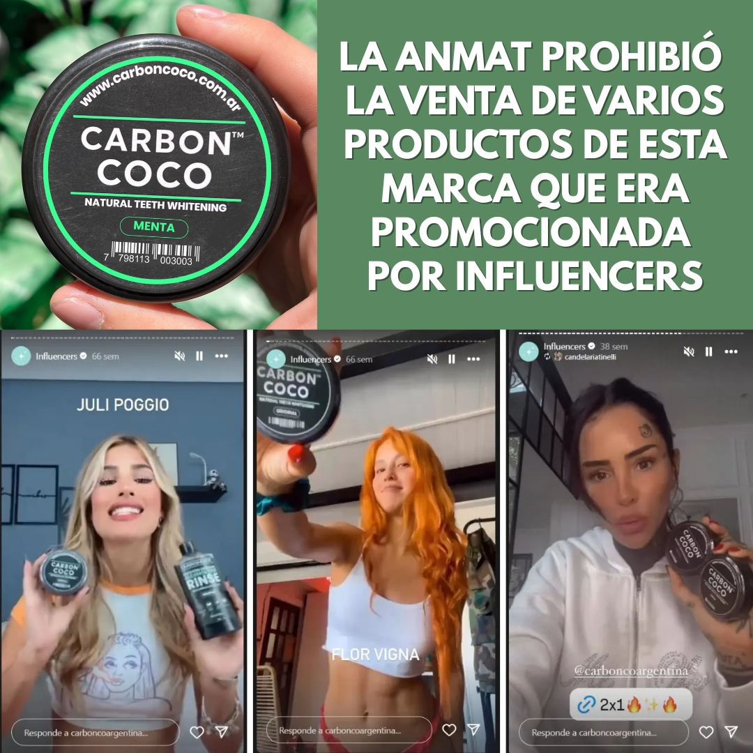 Los productos de Carbon Coco prometen blanquear los dientes a través de figuras públicas que los promocionaban en sus redes sociales. Según la ANMAT, estos productos son ilegítimos porque no se encuentran inscriptos y se desconoce quién los elaboró.