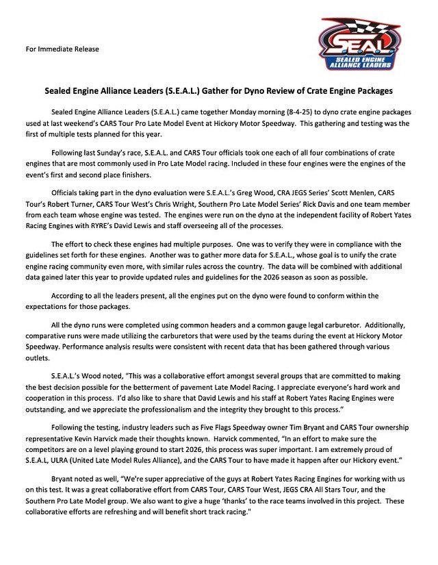 THIS JUST IN:

For Immediate Release

Sealed Engine Alliance Leaders (S.E.A.L.) Gather for Dyno Review of Crate Engine Packages

Read the full release at CARSTourWest.com