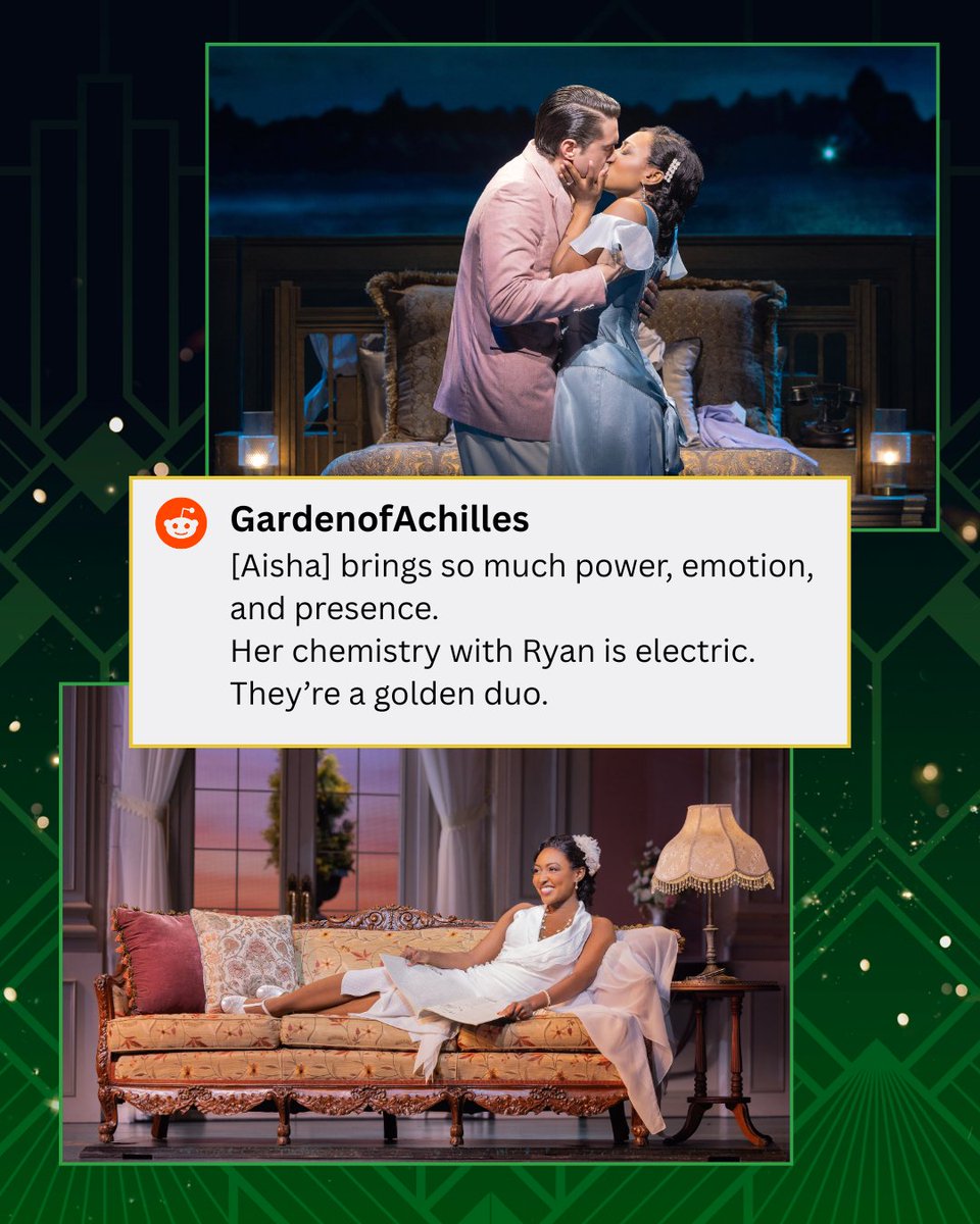 There's nothing but glorious days ahead with our absolute rose! 💚 Come see the magic that is Aisha Jackson as Daisy Buchanan ✨

#bwaygatsby #thegreatgatsby #broadway #aishajackson