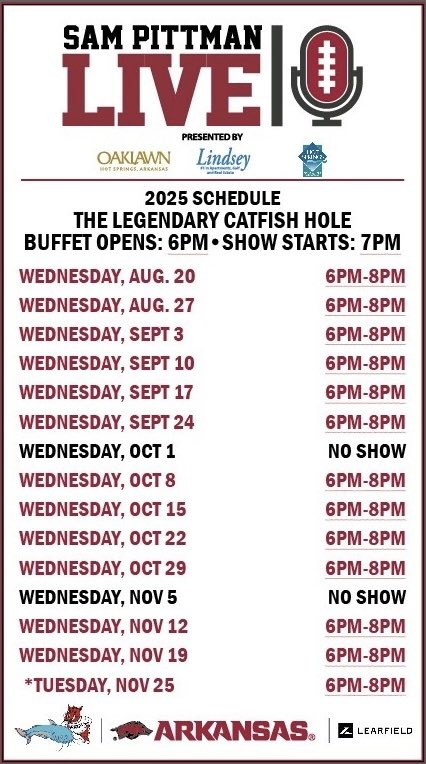 Catfish Hole (@thecatfishhole) on Twitter photo #woopigsooie time!!🐗🏈
<a href="/CoachSamPittman/">Coach Sam Pittman</a> LIVE is back again at <a href="/TheCatfishHole/">Catfish Hole</a> Fayetteville!
Same drill…$30/person. Call for reservations. 479-521-7008 #gohogs <a href="/Learfield/">LEARFIELD</a> <a href="/VisitHotSprings/">Visit Hot Springs</a> <a href="/lindseynwa/">Lindsey & Associates Real Estate</a> <a href="/OaklawnRacing/">Oaklawn Hot Springs</a> <a href="/RazorbackFB/">Arkansas Razorback Football</a> <a href="/arkansasalumni/">Arkansas Alumni Association</a> <a href="/ArkRazorbacks/">Arkansas Razorbacks 🐗</a> <a href="/921TheTicket/">92.1 The Ticket</a> #woopigsooie time!!🐗🏈
<a href="/CoachSamPittman/">Coach Sam Pittman</a> LIVE is back again at <a href="/TheCatfishHole/">Catfish Hole</a> Fayetteville!
Same drill…$30/person. Call for reservations. 479-521-7008 #gohogs <a href="/Learfield/">LEARFIELD</a> <a href="/VisitHotSprings/">Visit Hot Springs</a> <a href="/lindseynwa/">Lindsey & Associates Real Estate</a> <a href="/OaklawnRacing/">Oaklawn Hot Springs</a> <a href="/RazorbackFB/">Arkansas Razorback Football</a> <a href="/arkansasalumni/">Arkansas Alumni Association</a> <a href="/ArkRazorbacks/">Arkansas Razorbacks 🐗</a> <a href="/921TheTicket/">92.1 The Ticket</a>