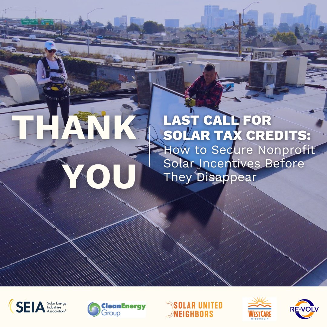 RE-volv (@re_volv) on Twitter photo Thank you to everyone who joined our "Last Call for Solar Tax Credits" webinar ☀️ With experts from
<a href="/SolarNeighbors/">Solar United Neighbors</a>, <a href="/SEIA/">Solar and Storage Industry</a>, @CleanEnergyGrpClean &
<a href="/WestCare/">WestCare</a> Wisconsin, we broke down how nonprofits can still benefit from solar tax credits! 📷 🖥️youtu.be/ch5XshLWytQ Thank you to everyone who joined our "Last Call for Solar Tax Credits" webinar ☀️ With experts from
<a href="/SolarNeighbors/">Solar United Neighbors</a>, <a href="/SEIA/">Solar and Storage Industry</a>, @CleanEnergyGrpClean &
<a href="/WestCare/">WestCare</a> Wisconsin, we broke down how nonprofits can still benefit from solar tax credits! 📷 🖥️youtu.be/ch5XshLWytQ