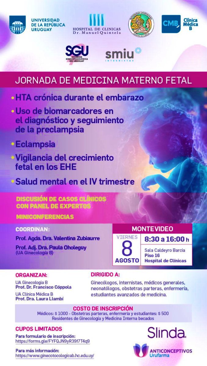 #MedicinaMaternoFetal

Los invitamos a participar de la “Jornada de Medicina Materno Fetal” 

📆 8/08
⏰ 8:30 a 16 
📍 Piso 16 <a href="/hcmquintela/">Hospital de Clínicas Dr. Manuel Quintela</a> 

Más información 👇🏼