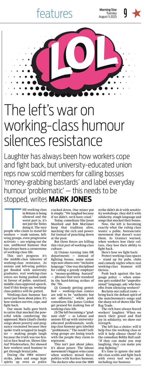 The left's war on working-class humour silences resistance!

A banger from comrade <a href="/markjonescp/">Mark Jones</a> in the Morning Star yesterday 🔥👍