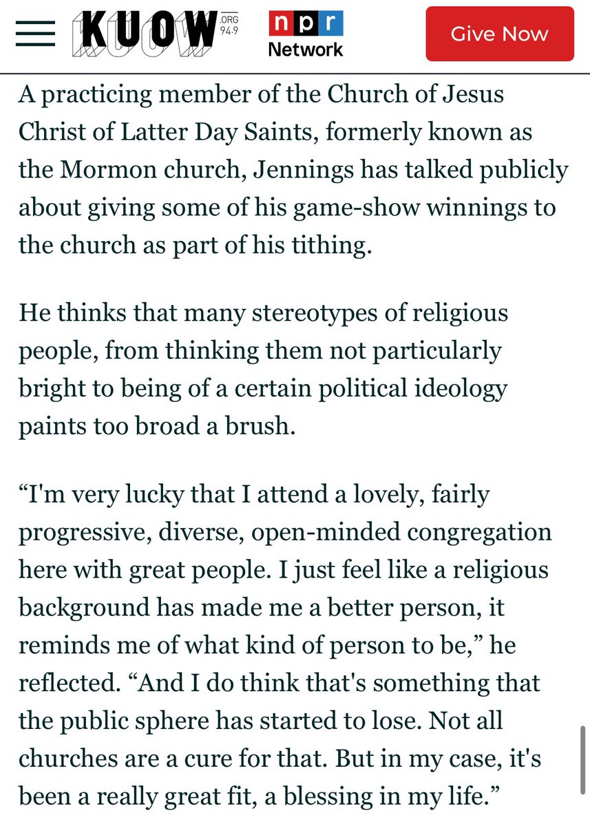 TeeplesCY's tweet photo. Ken Jennings, to NPR on being a member of The Church of Jesus Christ of Latter-day Saints:

“I just feel like a religious background has made me a better person. It reminds me of what kind of person to be.” https://t.co/Pj9qOIgX9R
