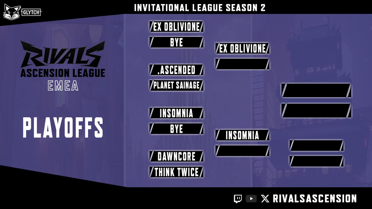 Rivals Ascension League (@rivalsascension) on Twitter photo Rivals Ascension League - EMEA Invitational PLAYOFFS
<a href="/ExOblivioneGG/">Ex Oblivione</a> gets a bye to Sunday's Semi Finals
<a href="/InsomniaEsp0rt/">insomnia</a> gets a bye to Sunday's Semi Finals
#AscendedMR vs <a href="/PlanetSainage/">Planet Sainage</a> in Quarter Finals Match 1
<a href="/DawncoreMR/">Dawncore</a> vs #ThinkTwiceMR in Quarter Finals Match 2 Rivals Ascension League - EMEA Invitational PLAYOFFS
<a href="/ExOblivioneGG/">Ex Oblivione</a> gets a bye to Sunday's Semi Finals
<a href="/InsomniaEsp0rt/">insomnia</a> gets a bye to Sunday's Semi Finals
#AscendedMR vs <a href="/PlanetSainage/">Planet Sainage</a> in Quarter Finals Match 1
<a href="/DawncoreMR/">Dawncore</a> vs #ThinkTwiceMR in Quarter Finals Match 2