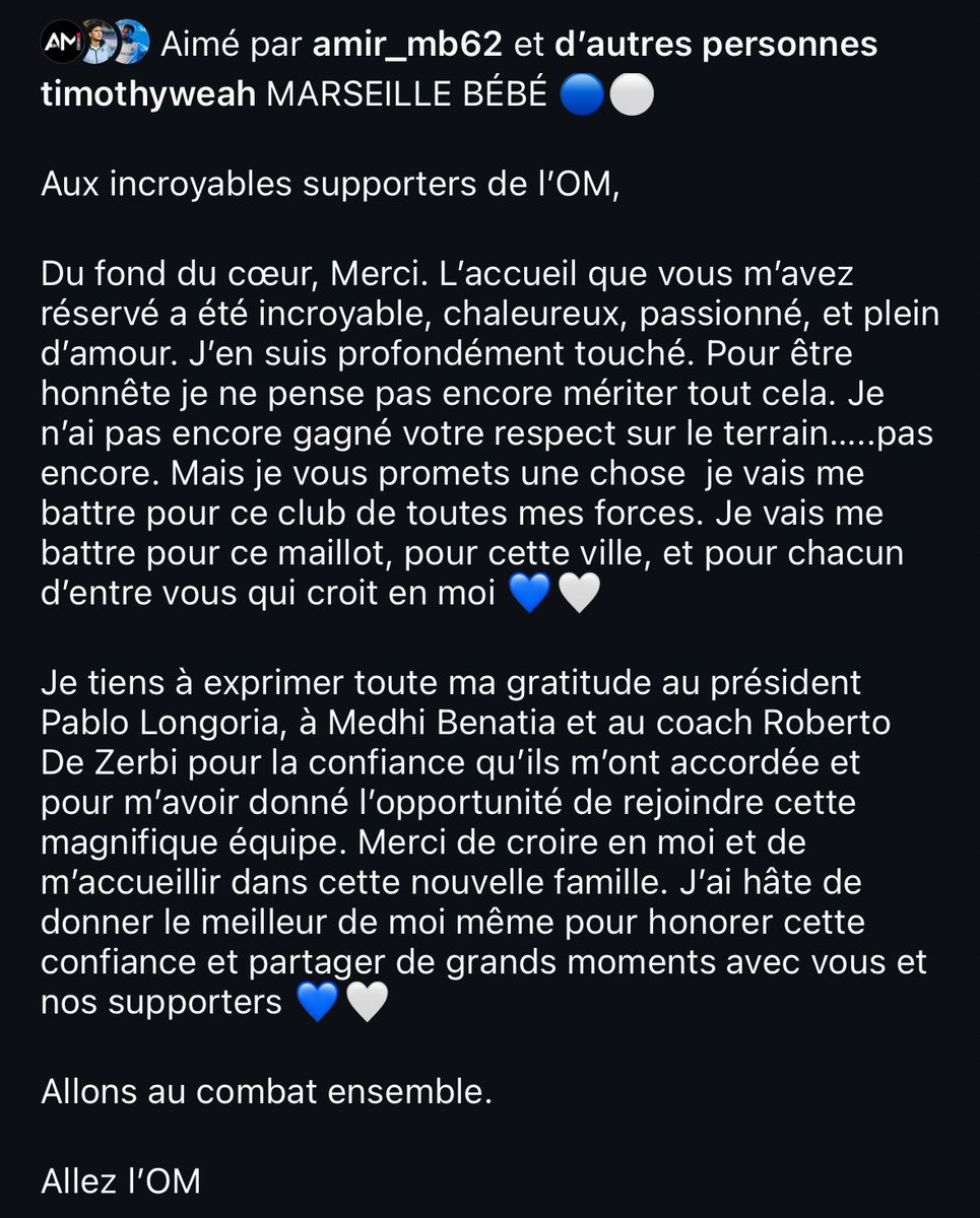 📲 Timothy Weah 🇺🇸 rend hommage à son père sur Instagram, et adresse un message aux supporters et au board marseillais.

#MercatOM #TeamOM #OM 🩵🤍