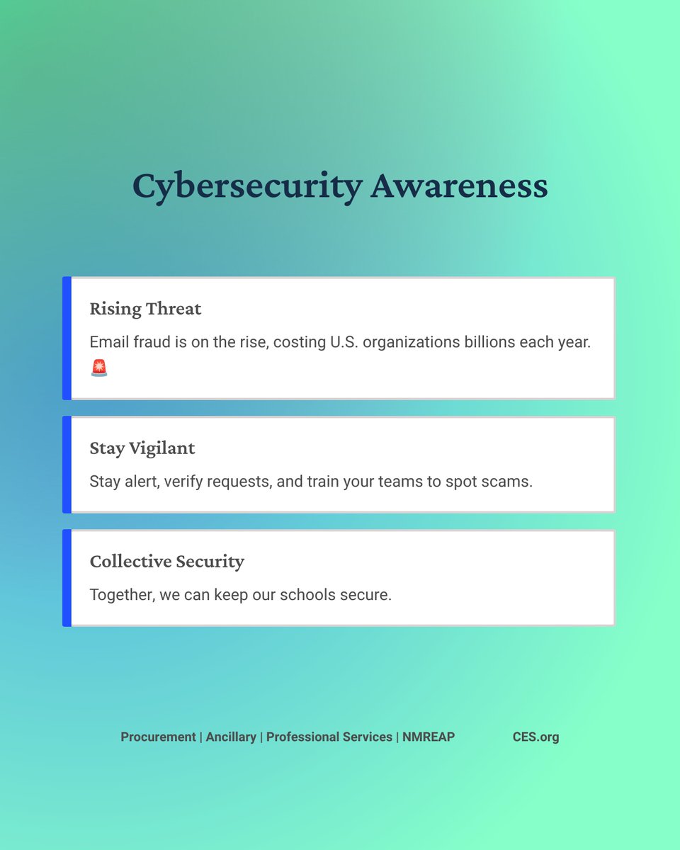 Together, we can keep our schools secure. 

Read more about Cybersecurity in our CES monthly member newsletter- ces.org/procurement/ce…

#CES #CyberSafety #EdLeadership