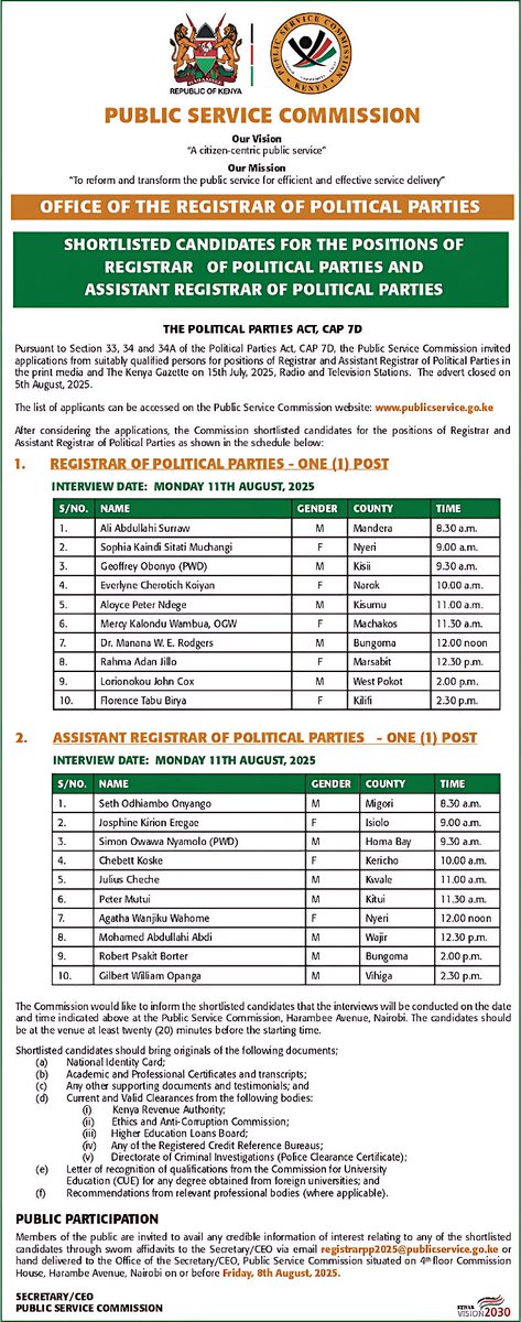 Public Service Commission (PSC) (@psckenya) on Twitter photo UPDATE: Shortlisted Candidates for the Position of Registrar of Political Parties and Assistant Registrar of Political Parties. 
Interview Date: Monday 11th August 2025‼️
Members of the public are invited to avail any credible information of interest relating to any of the UPDATE: Shortlisted Candidates for the Position of Registrar of Political Parties and Assistant Registrar of Political Parties. 
Interview Date: Monday 11th August 2025‼️
Members of the public are invited to avail any credible information of interest relating to any of the