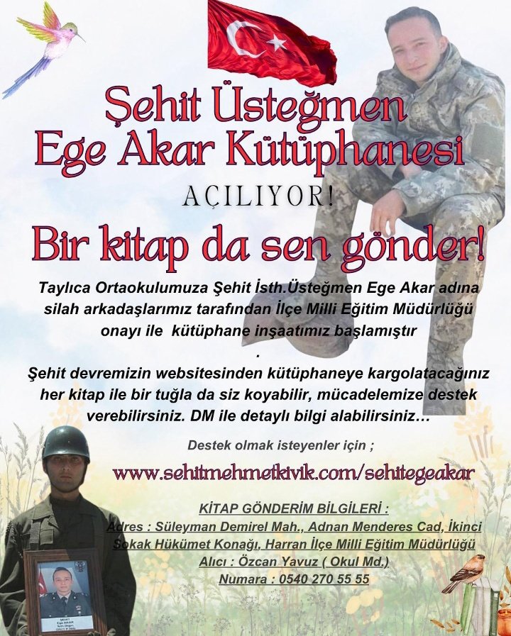 Mağara operasyonunda şehit olan  Üsteğmenimiz adına silah arkadaşları kütüphane oluşturuyor.

📢 5 dakikanızı ayırıp kitap desteğinde bulunabilirsiniz.