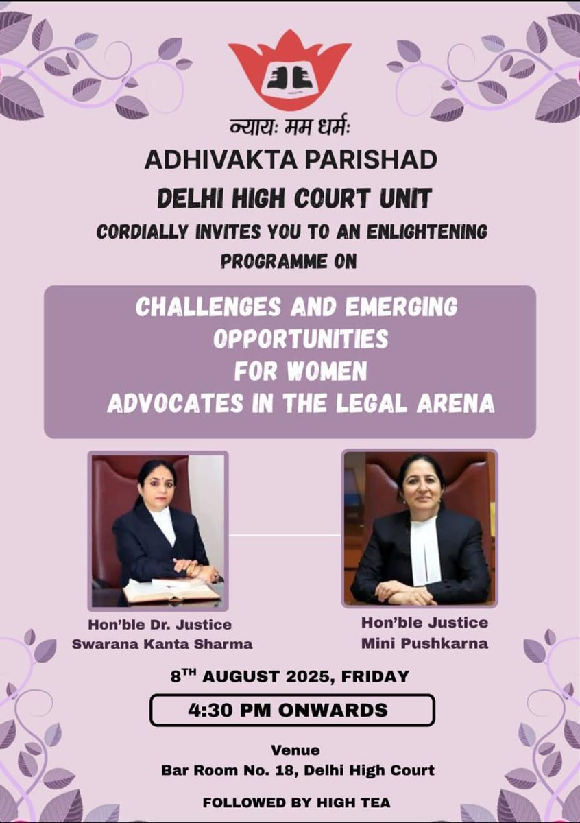 Adhivakta Parishad Delhi High Court Unit cordially invites you for a Discussion on "CHALLENGES AND EMERGING OPPURTUNITIES  FOR WOMEN ADVOCATES IN THE LEGAL ARENA"
On 8th August 2025, at 4:30pm onwards
Register yourself 
forms.gle/KoLxGZ3woFb4eB…