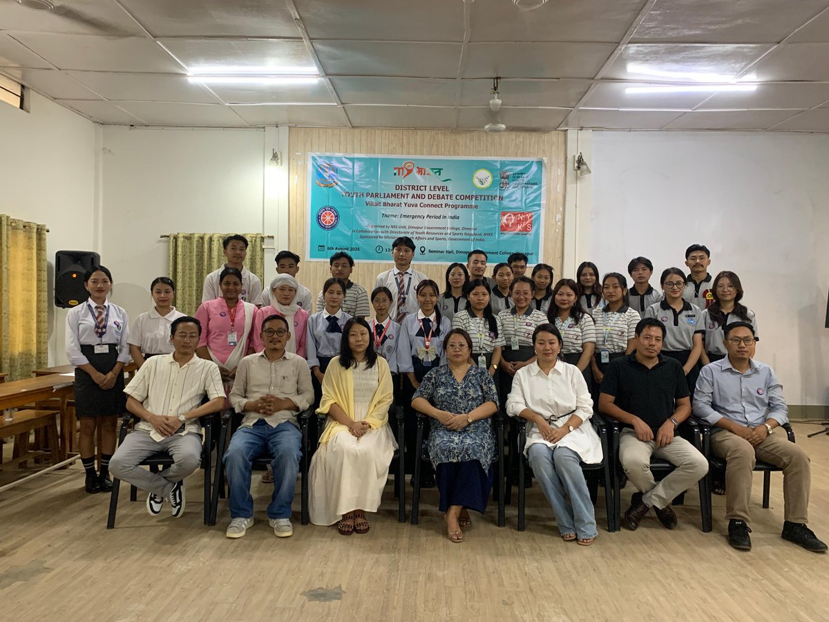 NSS_DGC's tweet photo. Dimapur District Level Viksit Bharat Yuva Connect Programme for  Debate @ Youth Parliament competition  on Emergency Period in India @ DGC on 6th  Aug, 2025. 
Pranab @ Immanuel@ Unity college @DGC with participants , Judges , POs @ Team leaders, NSS, DGC.
NSS_ India https://t.co/1W86YlkqaL