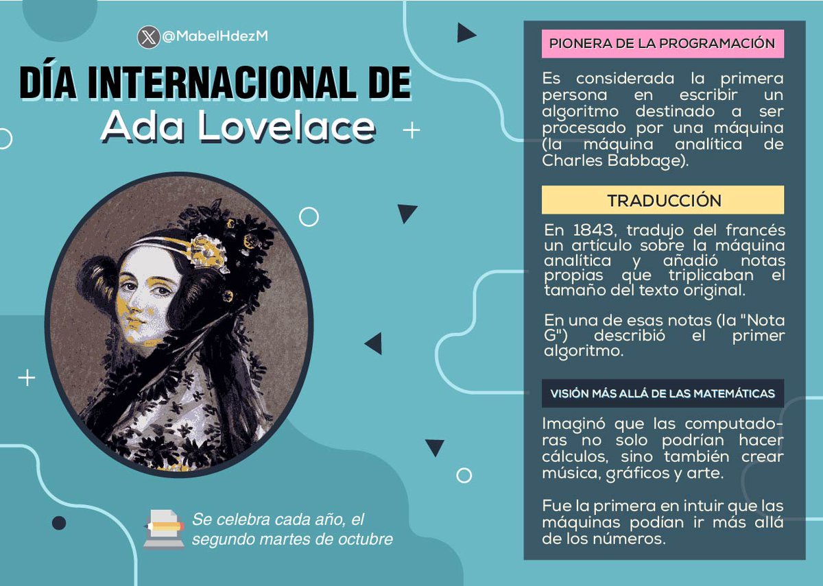 ¿Sabías que el segundo martes de octubre se celebra el Día Internacional de Ada Lovelace👩🏽‍💻? Con dicha efeméride se pretende destacar los logros conseguidos por las mujeres en el ámbito de las ciencias. Conoce más sobre quién fue Ada Lovelace👉🏽: tinyurl.com/mrx5dmv7.