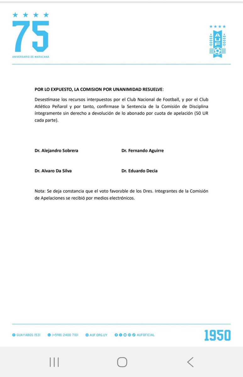 TODO SIGUE IGUAL

El Tribunal de Apelaciones mantiene el fallo contra Nacional y Peñarol.
Se juega el clásico sin público, al tricolor se le restan los 3 puntos y le quedan aún 3 partidos a puertas cerradas.