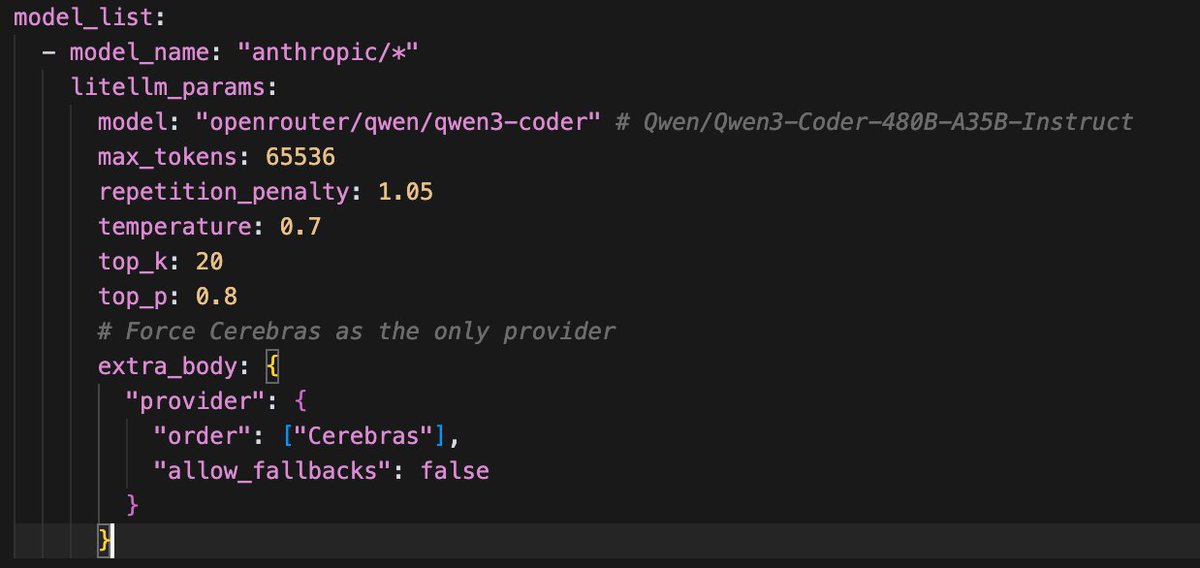 Raymond Weitekamp (@raw_works) on Twitter photo so here's a simple trick to pour rocket fuel on <a href="/WolframRvnwlf/">Wolfram Ravenwolf</a> 's qwen3-coder workflow with claude code.
force the <a href="/OpenRouterAI/">OpenRouter</a> provider to be <a href="/CerebrasSystems/">Cerebras</a> to get >1K tokens/second
cc: <a href="/DannyAziz97/">Danny Aziz</a> <a href="/kieranklaassen/">Kieran Klaassen</a> don't tell <a href="/danshipper/">Dan Shipper π§</a> or he'll expect 10x more work so here's a simple trick to pour rocket fuel on <a href="/WolframRvnwlf/">Wolfram Ravenwolf</a> 's qwen3-coder workflow with claude code.
force the <a href="/OpenRouterAI/">OpenRouter</a> provider to be <a href="/CerebrasSystems/">Cerebras</a> to get >1K tokens/second
cc: <a href="/DannyAziz97/">Danny Aziz</a> <a href="/kieranklaassen/">Kieran Klaassen</a> don't tell <a href="/danshipper/">Dan Shipper π§</a> or he'll expect 10x more work
