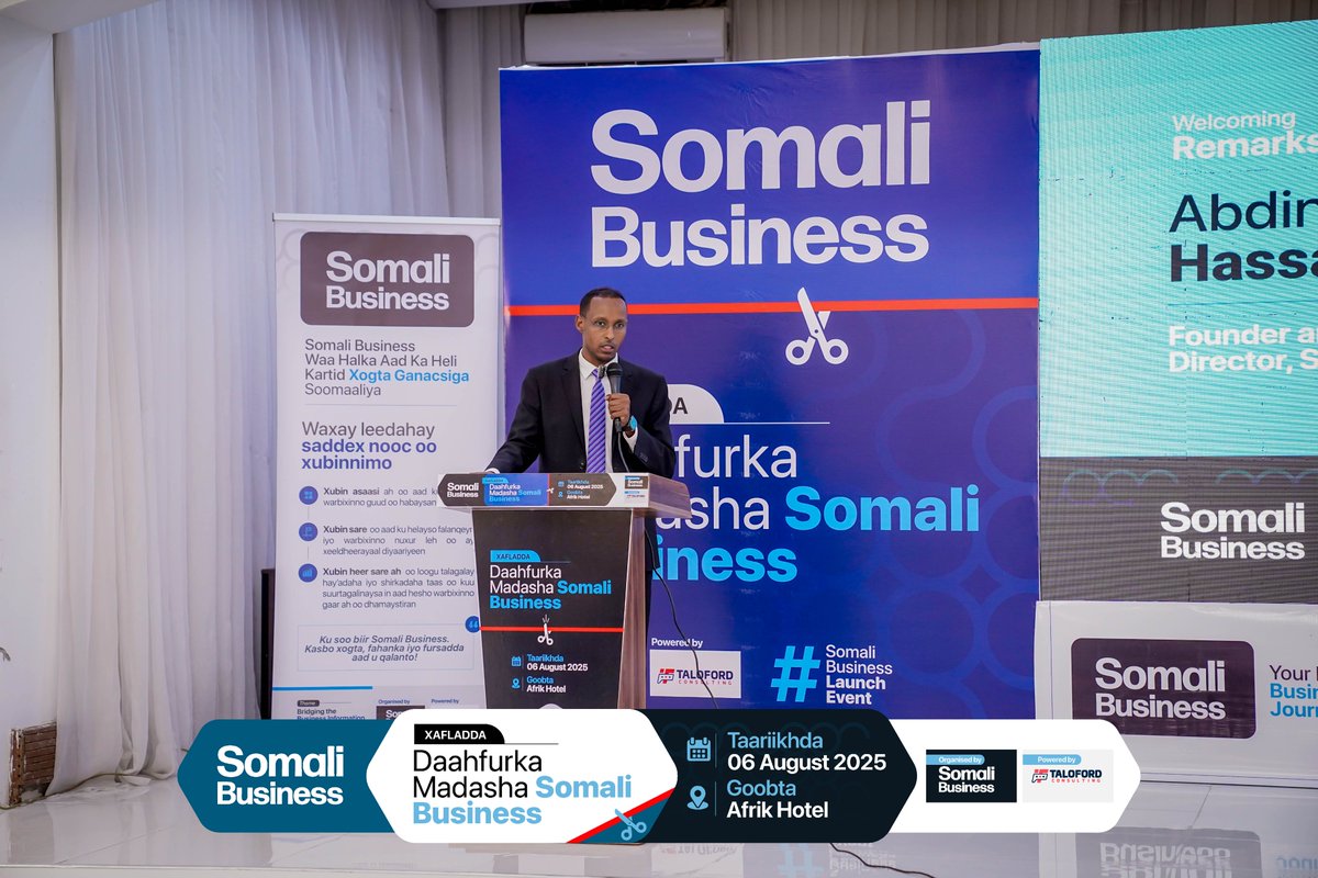 SomaliBiz's tweet photo. The founder and director of Somali Business, Abdinor Dahir, officially opened the event with a welcome speech highlighting the platform’s purpose and it's role in advancing Somali business development.

#SomaliBusiness #SBLaunch #SomaliBiz #SomaliBiz2025 https://t.co/DBrJQVaYtV