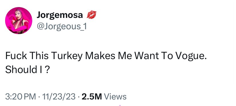 hugeasmammoth.films (@hugeasmammoth_) on Twitter photo The Pressys nomination for Best <a href="/Jorgeous_1/">Jorgemosa 💋</a> Tweet. A Thread:
— Fuck This Turkey Makes Me Want To Vogue. Should I? The Pressys nomination for Best <a href="/Jorgeous_1/">Jorgemosa 💋</a> Tweet. A Thread:
— Fuck This Turkey Makes Me Want To Vogue. Should I?