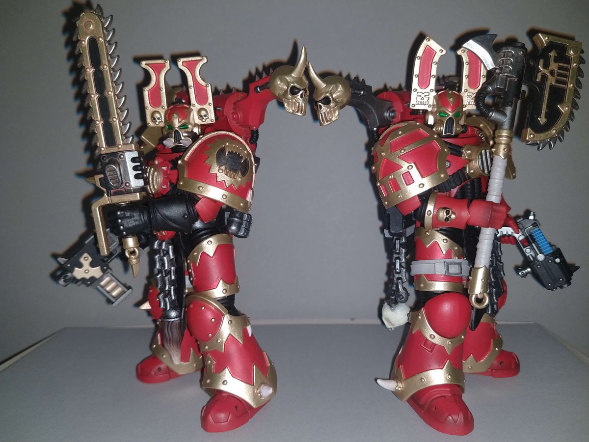 CChad23's tweet photo. Gift to me has arrived. 2 Khorne Berzerkers. I cannot believe how much better these look in person, Amazingly detailed and painted beautifully. I need a chain axe added to space marine 2 so bad. Id love to grab Angron aswell, maybe someday. https://t.co/PMAcAyBLCI