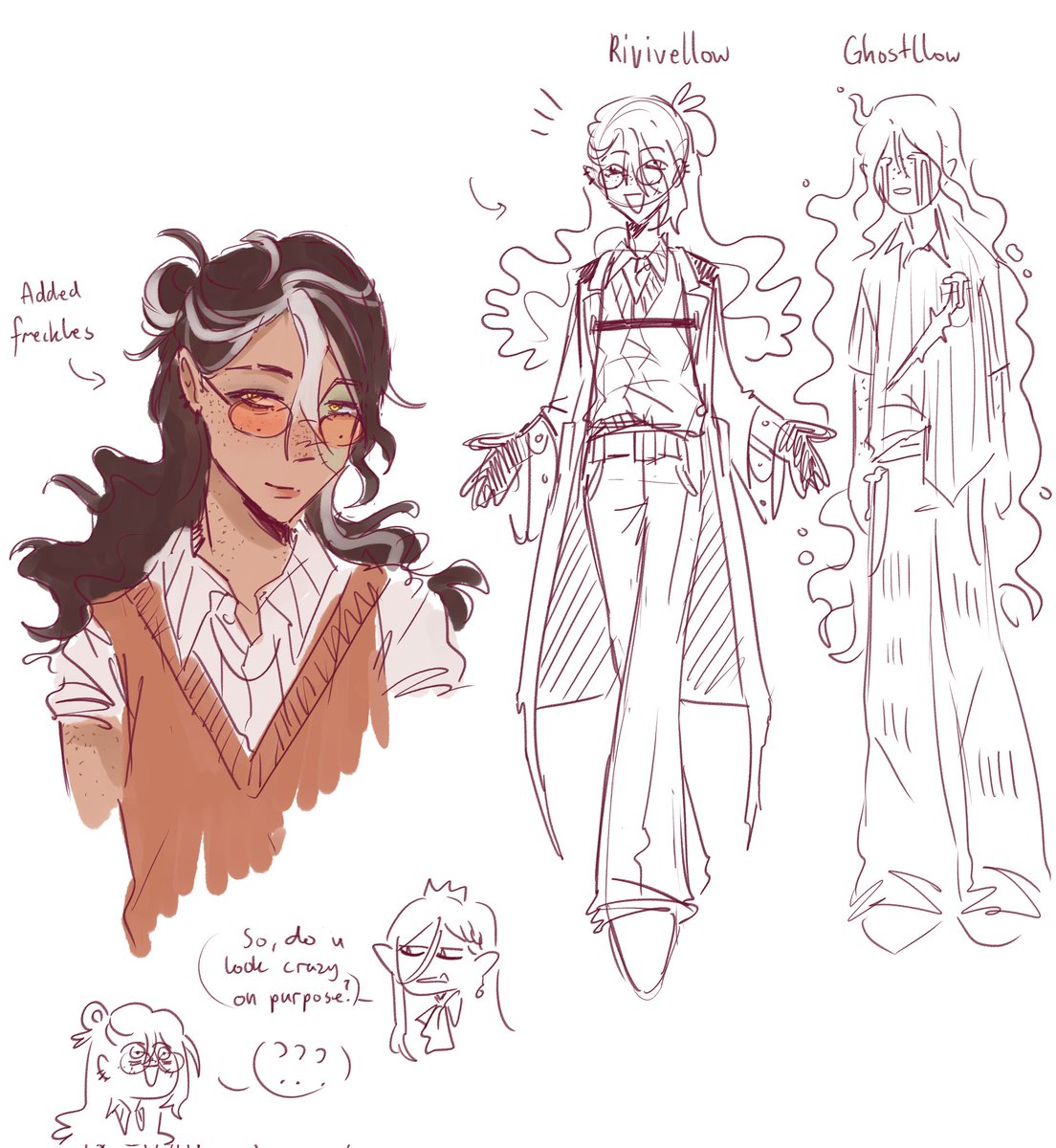 willow doodles with an actual concept designs for ghostllow and revivellow. She looks different every single time I draw her, not sorry in the slightest