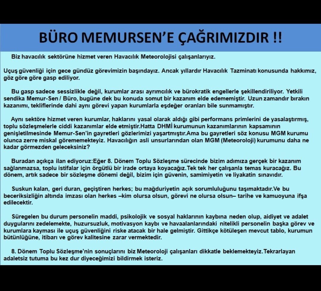 #MeteorolojiHavacılıkTazminatı

<a href="/BuroMemurSen_/">Büro Memur-Sen</a> <a href="/MemurSenKonf/">Memur-Sen</a> <a href="/aliyalcin/">Ali Yalçın</a>
<a href="/VolkanMCoskun/">Volkan Mutlu Coşkun</a> <a href="/yusufyazgan37/">Yusuf YAZGAN</a> <a href="/HalilKKDEVLET1/">Halil KÜÇÜKDEVLET</a> <a href="/AhmetKizil9/">Ahmet KIZIL</a>
<a href="/murat_kurum/">Murat KURUM</a>
