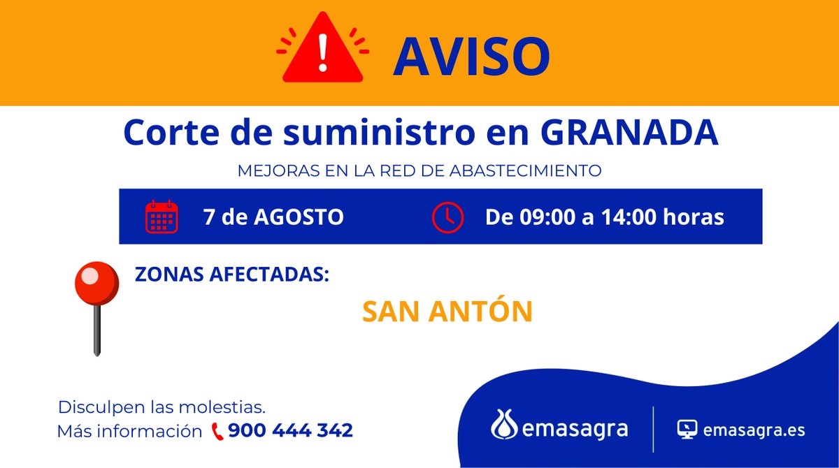 ⚠️Corte de suministro programado en #GRANADA  ¡Prepárate para el corte de #Agua ! ℹMás información ☎️900 444 342 💻Seguimiento http:// emasagra.es/avisos Disculpen las molestias Cc/ 🙏@Aytogr <a href="/EmergenciasGRX/">Emergencias Granada</a> <a href="/PoliciaGr/">Policía Local de Granada</a>  <a href="/Asvogra/">AsVoGra Protección Civil</a>