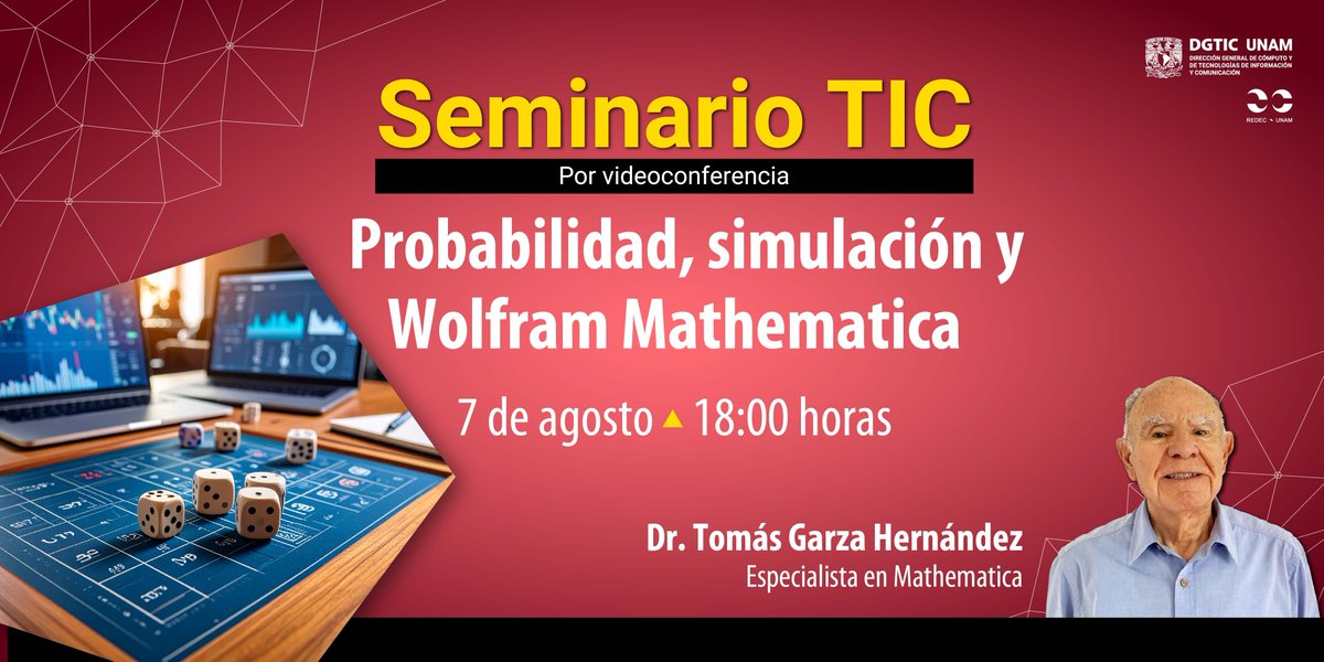 UNAMdigital's tweet image. En la siguiente sesión del #seminarioTIC aprenderemos a usar las herramientas de #Mathematica para resolver problemas de probabilidad y simular juegos de azar.

🗓️ Jueves 7 de agosto
🕧 18:00 horas
💻 Vía Zoom

Registro 👉 buff.ly/I5OJYM3