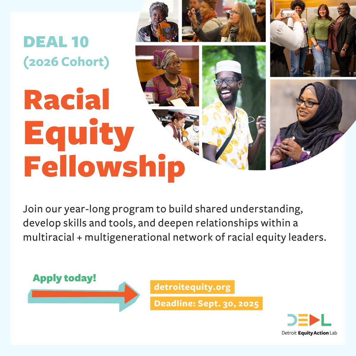 Do you have a deep commitment to racial equity? Apply for this year-long Racial Equity Fellowship for building shared understanding, developing skills and tools, and deepening relationships.

Deadline to apply for DEAL 10 (2026 cohort) is Tuesday Sept 30.  bit.ly/deal10apply